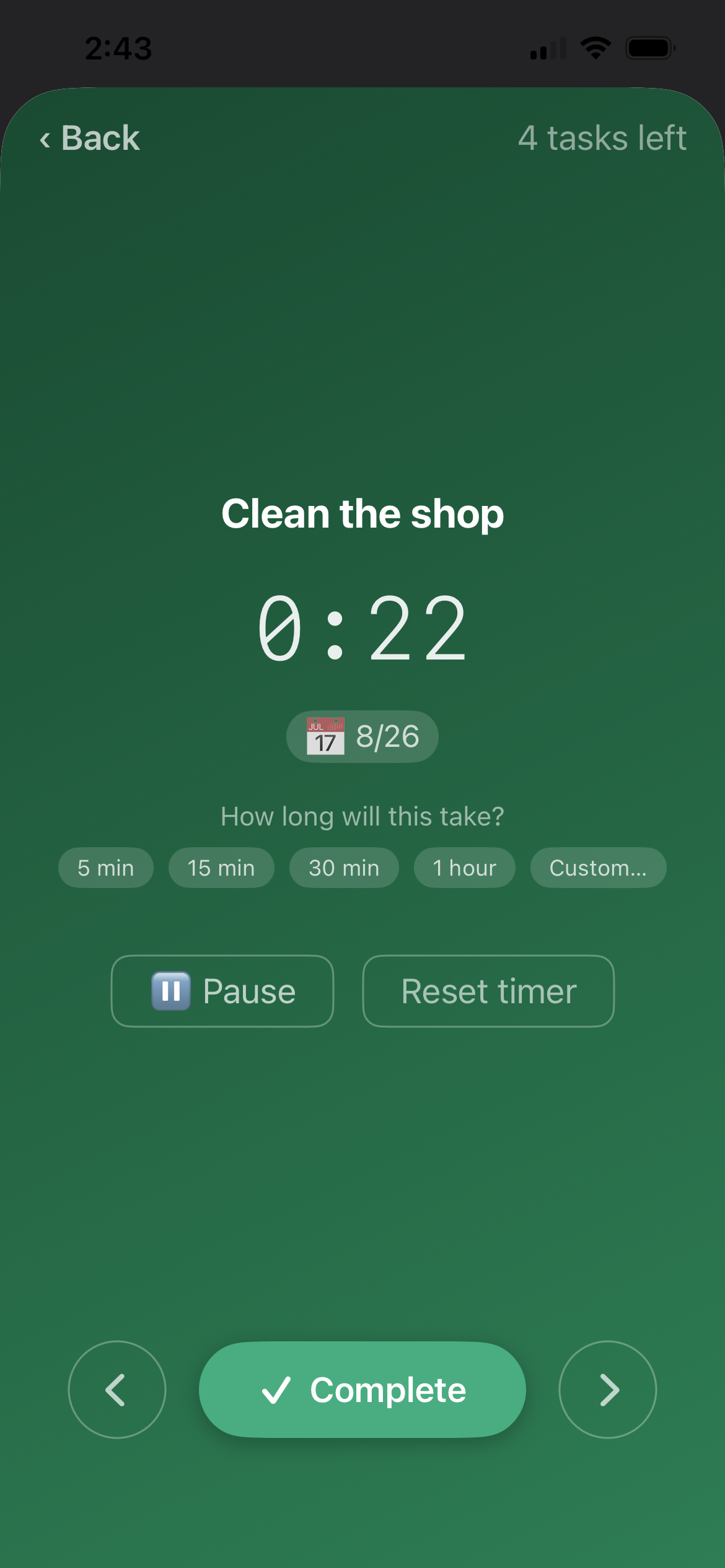 Vantage Focus Mode showing one task and a timer