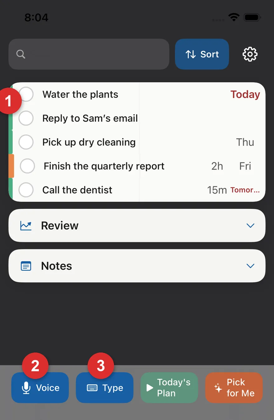 The task list, with the Voice and Type buttons below it.