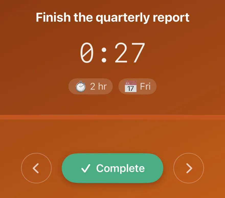 Focus Mode, with a running timer and a Complete button.