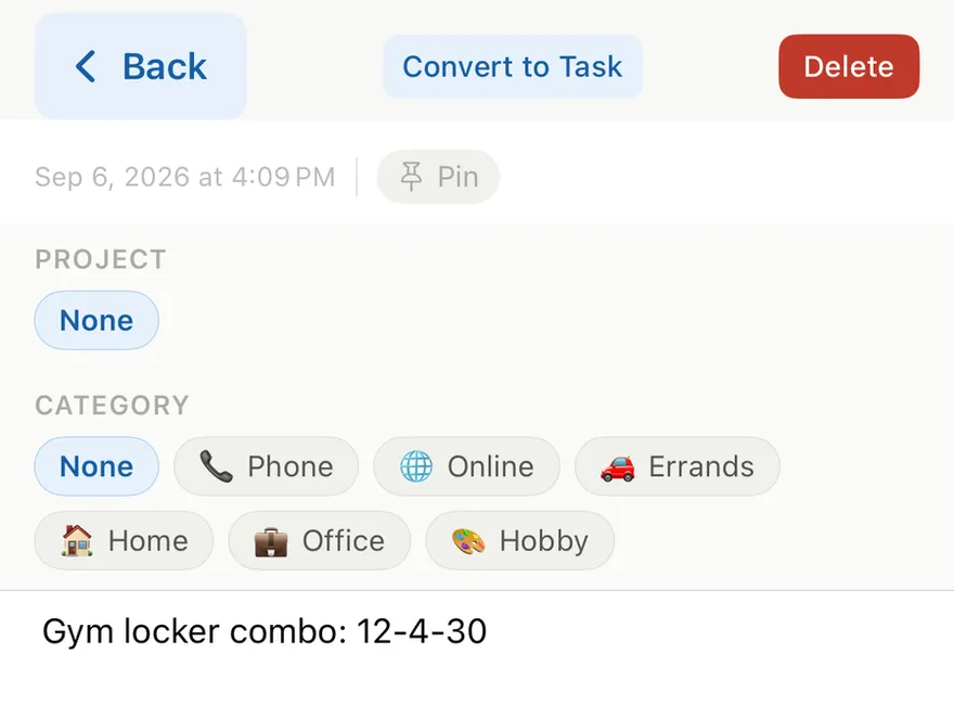 A note's detail screen, with Convert to Task.