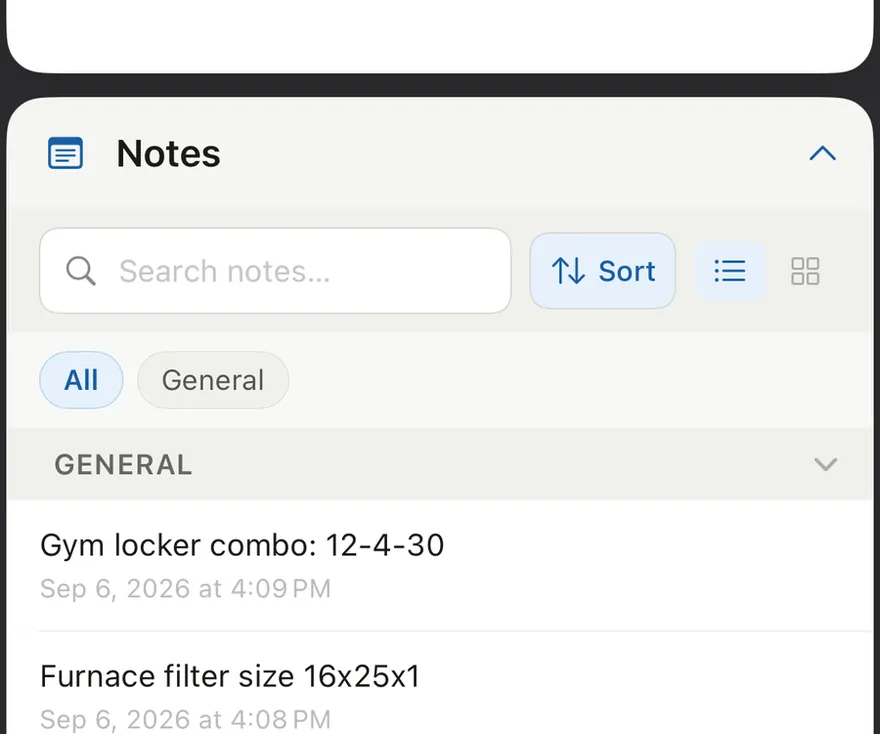 The notes list.