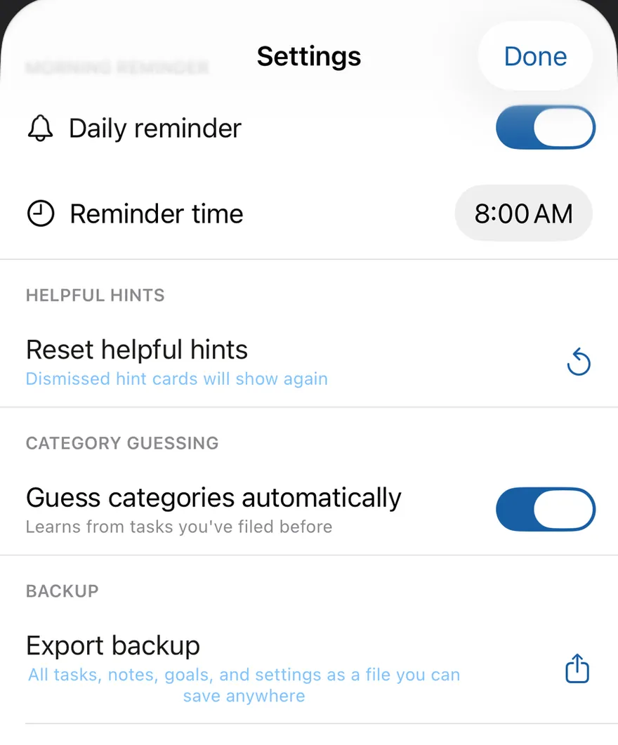 The Settings screen.