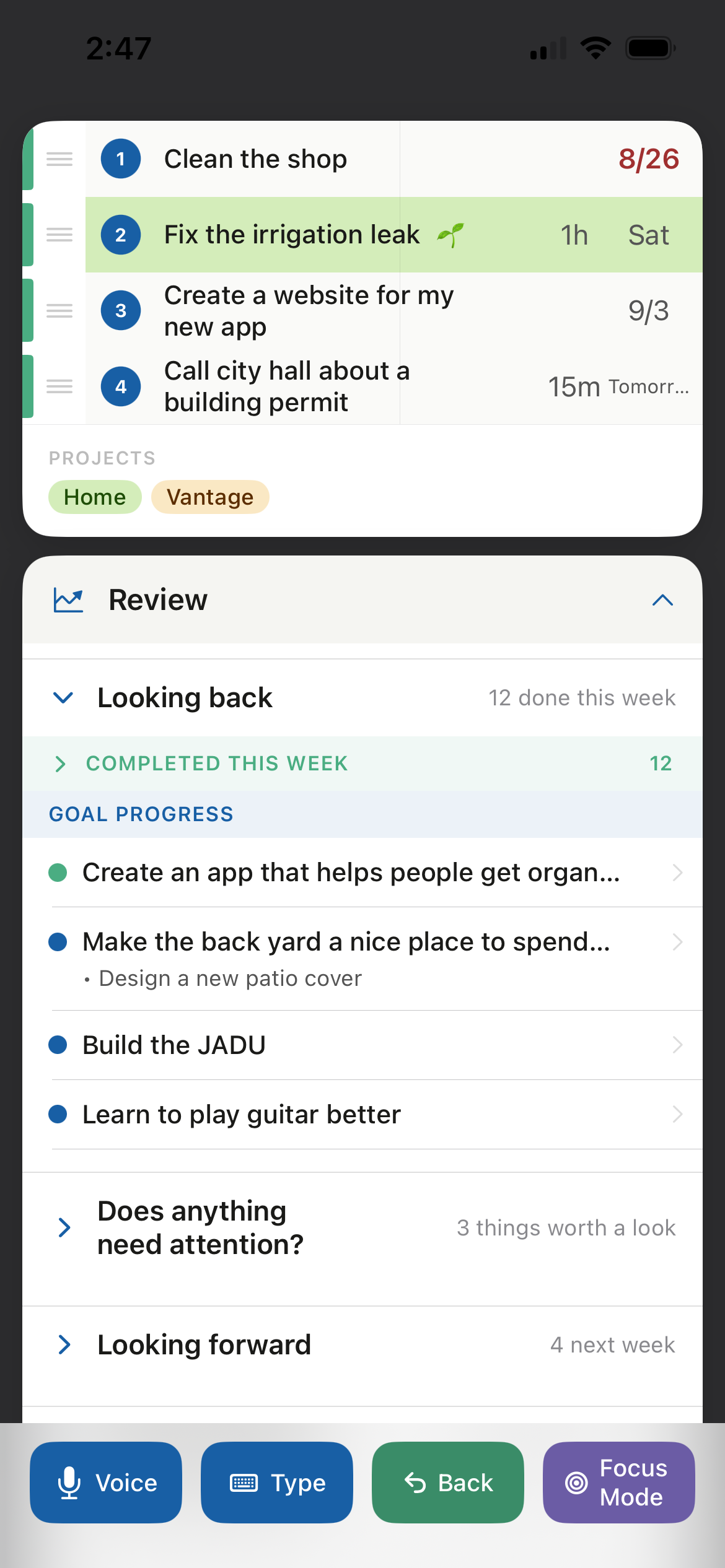 Vantage Review showing completed work, goals, and upcoming plans