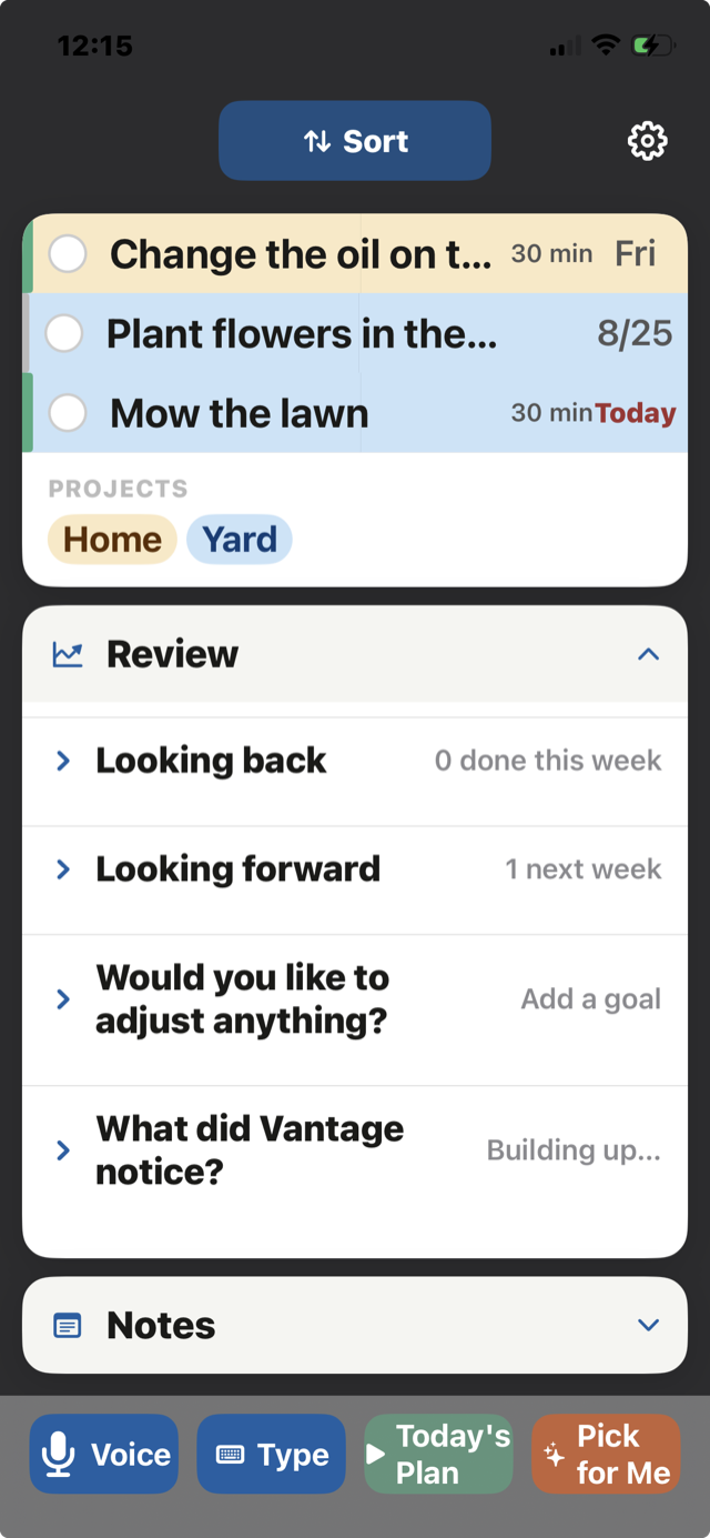A captured task shown in the Vantage task list